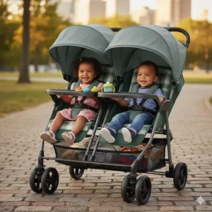 Illustration of an affordable double stroller with a side-by-side seating configuration for twins.