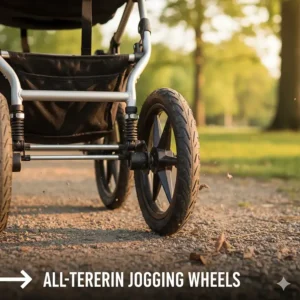 Illustration of large rubber air-filled wheels on a jogging double stroller suitable for uneven terrain.