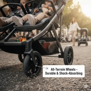 Detailed view of the suspension and durable wheels of an all-terrain side by side double stroller on a gravel path.