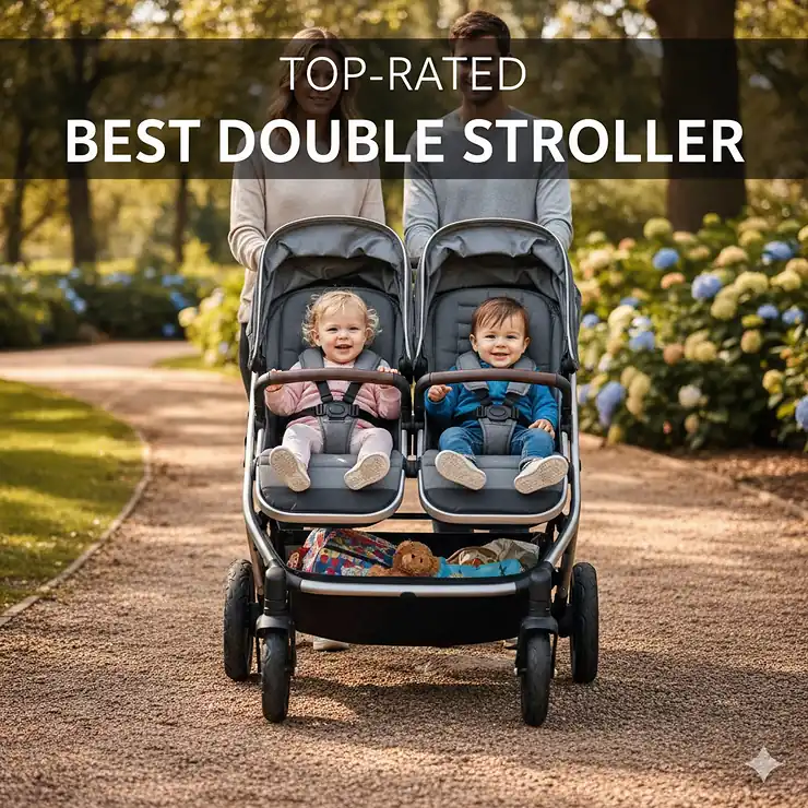 A high-angle shot of the best double stroller for twins featuring a side-by-side design on a paved park path.