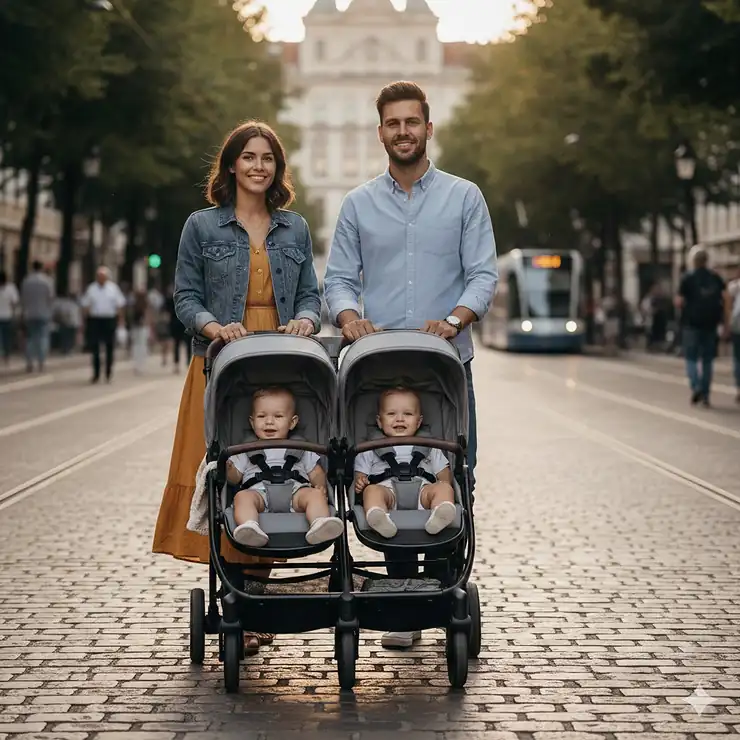 A compact small double stroller being pushed along a city sidewalk, showcasing its slim profile and maneuverability.