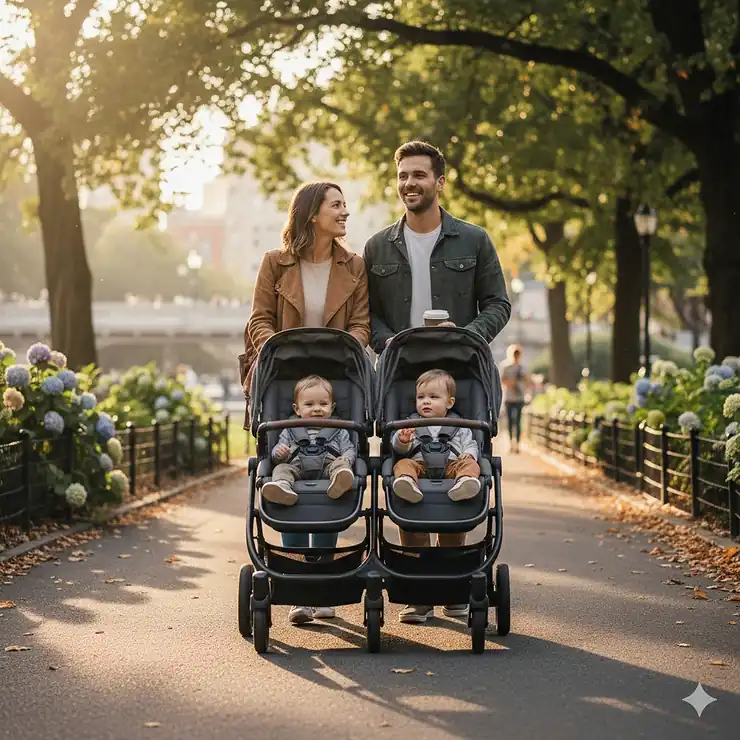 A modern tandem double stroller with two seats in a row being pushed through a park.