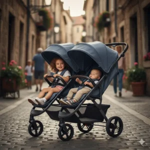 A slim tandem double stroller design showing one seat behind the other for narrow walkways.