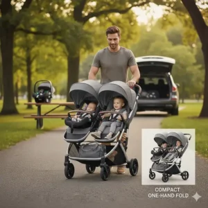Illustration of a one-hand fold mechanism on a lightweight double stroller for easy car trunk storage.
