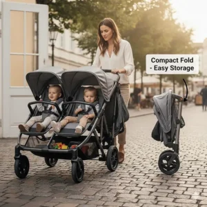 Diagram of a side by side double stroller in its folded, compact position for easy trunk storage.