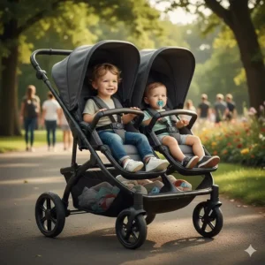 Diagram showing how a tandem double stroller folds down for compact trunk storage.