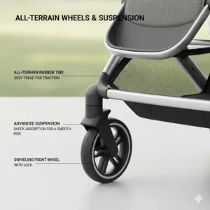 Close-up illustration of heavy-duty wheels and suspension system on an all-terrain double stroller.