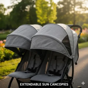 Illustration of dual extendable sun canopies on a budget-friendly double stroller.