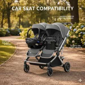 Diagram showing how to attach an infant car seat to a double stroller using a universal adapter.