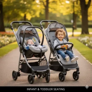 Illustration showing an affordable double stroller accommodating both an infant car seat and a toddler.