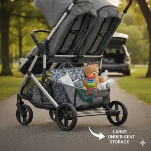 Detailed view of a large under-seat storage basket on a double stroller filled with diaper bags and toys.