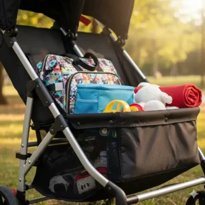 Close-up of the large under-seat storage basket on a lightweight double stroller filled with baby bags.