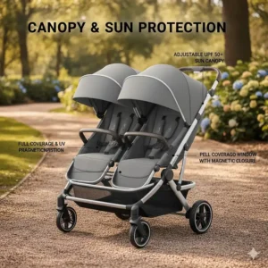 Illustration of adjustable UPF 50+ sun canopies on a double stroller providing full coverage for two children.