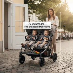 Illustration showing the slim width dimensions of a side by side double stroller fitting through a standard doorway.