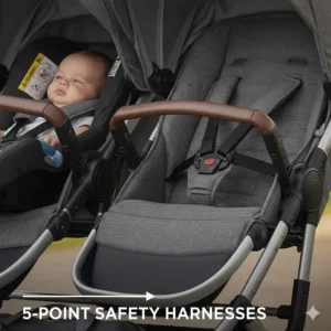 Close-up illustration of 5-point safety harnesses on both seats of a double stroller for infant and toddler.