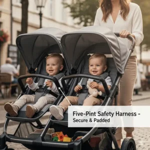 Close-up of a secure five-point safety harness system inside a side by side double stroller seat.