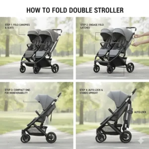 A step-by-step diagram showing how to fold the best double stroller for compact trunk storage.