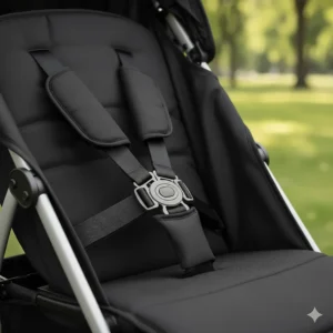 Close-up illustration of the secure five-point safety harness on a lightweight double stroller.