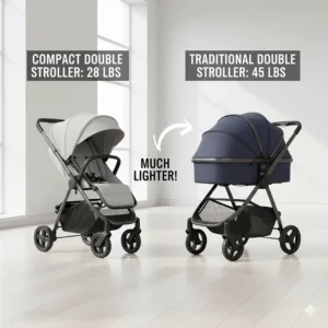 Comparison graphic highlighting the low poundage of a small double stroller vs. a traditional heavy-duty double stroller.