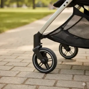Detail of the swivel front wheels that make a lightweight double stroller easy to maneuver on city sidewalks.
