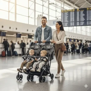 A family using a portable lightweight double stroller while navigating an airport terminal for travel.