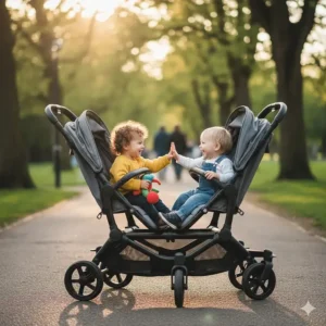 A tandem double stroller with reversible seats allowing siblings to face each other.