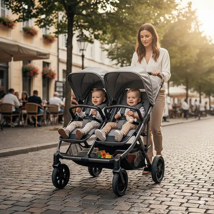 A premium side by side double stroller being pushed along a paved city sidewalk with two toddlers sitting comfortably.