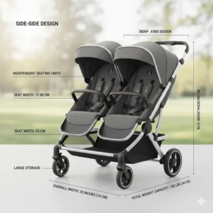 Illustration showing the dimensions and seating layout of a side-by-side double stroller.