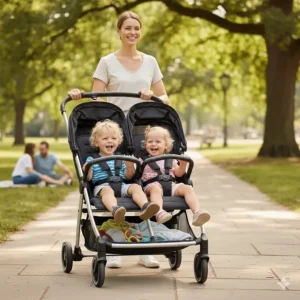 Illustration of a side-by-side lightweight double stroller showing equal seating for two toddlers.