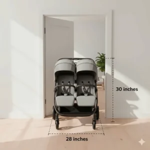Top-down view illustration of a narrow side-by-side small double stroller easily fitting through a standard 30-inch doorway.