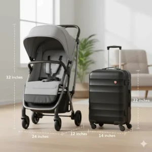 Illustration showing the compact fold dimensions of a small double stroller compared to a standard suitcase.
