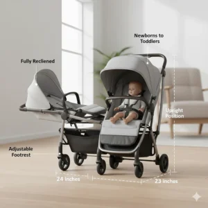 Diagram showing adjustable reclining seats and footrests on a small double stroller for twins or siblings.