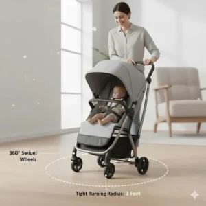 Illustration of the tight turning radius and 360-degree swivel wheels on a small double stroller for easy steering.