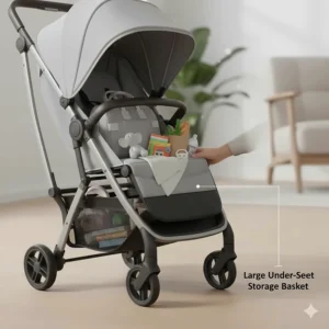 Close-up illustration of the under-seat storage basket capacity on a compact small double stroller.