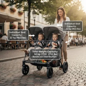 Graphic showing the balanced weight distribution and individual seat capacities for a side by side double stroller.