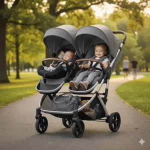 Illustration of a tandem double stroller showing an infant car seat in the back and a toddler seat in front.