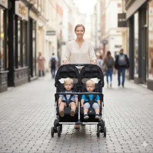 A slim tandem-style lightweight double stroller designed to fit through narrow doorways and aisles.