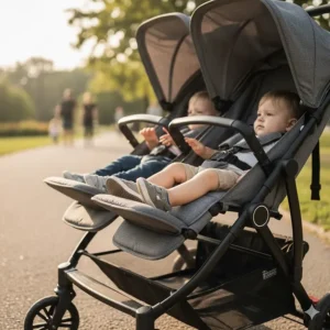 Detailed view of adjustable footrests and reclining seats on a tandem stroller.