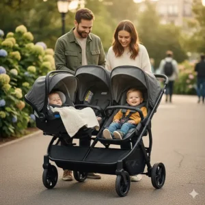 A tandem stroller configured with a car seat in the back and a toddler seat in front.
