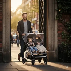 Illustration showing the slim profile of a tandem double stroller navigating a narrow doorway.