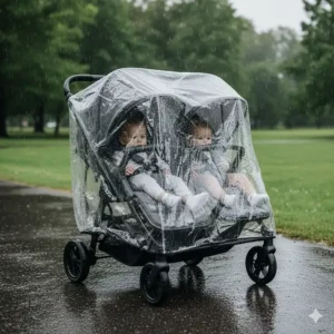 Illustration of a full-length rain cover protecting both children in a tandem stroller.