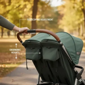 Diagram showing the adjustable telescoping handlebar on a Baby Jogger double stroller model.