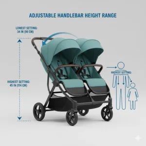 Diagram showing the maximum extension height of a double stroller handlebar for tall parents.