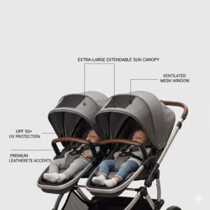 Detailed view of an adjustable telescopic handlebar with hand-stitched leatherette on a luxury stroller.