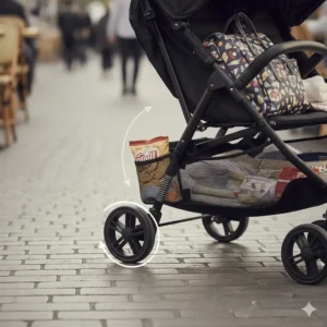 Detailed view of the swivel wheels and suspension system on a double stroller for travel on uneven surfaces.