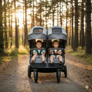 Two children sitting in a double stroller with extended UPF 50 plus sun canopies for outdoor protection.