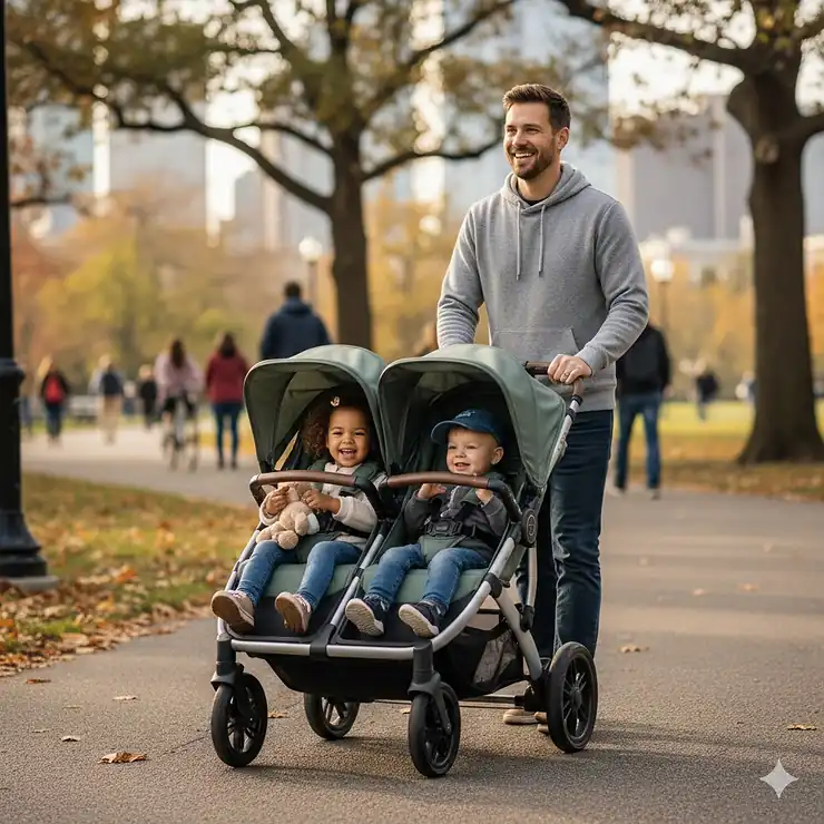 A parent pushing a Baby Jogger double stroller through a sunny city park with two toddlers.