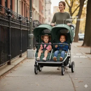 A Baby Jogger double stroller easily navigating a narrow urban sidewalk.