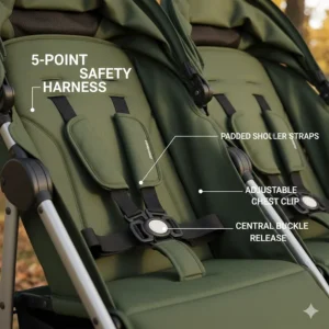 Detail view of the 5-point safety harnesses inside a Baby Jogger double stroller.