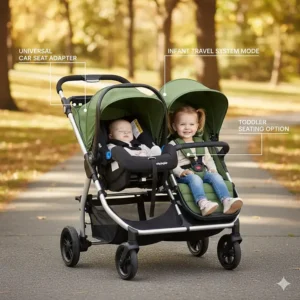 A Baby Jogger double stroller configured as a travel system with an infant car seat attached.